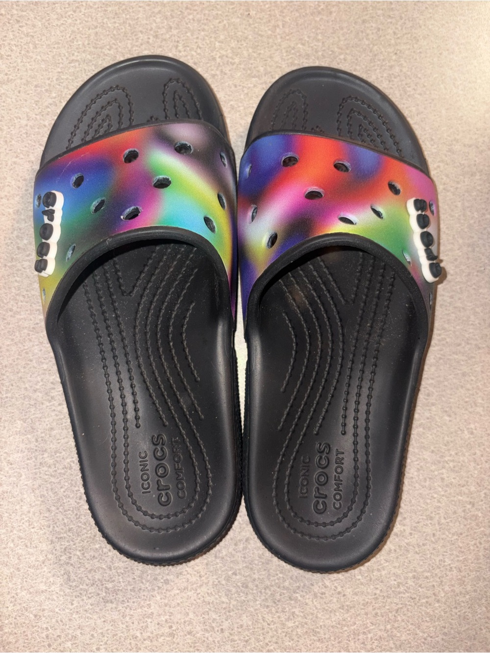 CROCS Black Slide Sandals with Rainbow Multicolor Strap
